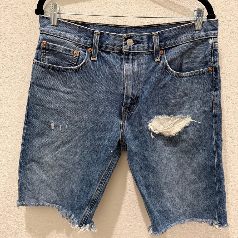 Levis 502 Regular Taper Denim Shorts Mens 33 Blue Distressed Cut Off Jean Shorts